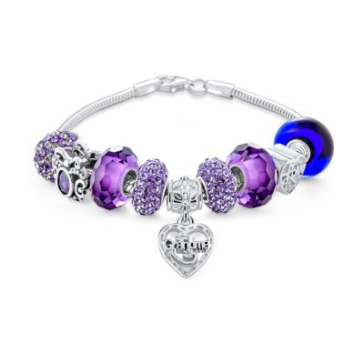 Bling Jewelry Grandma Heart Purple Bead Charm Bracelet Sterling Silver Snake Chain 7"