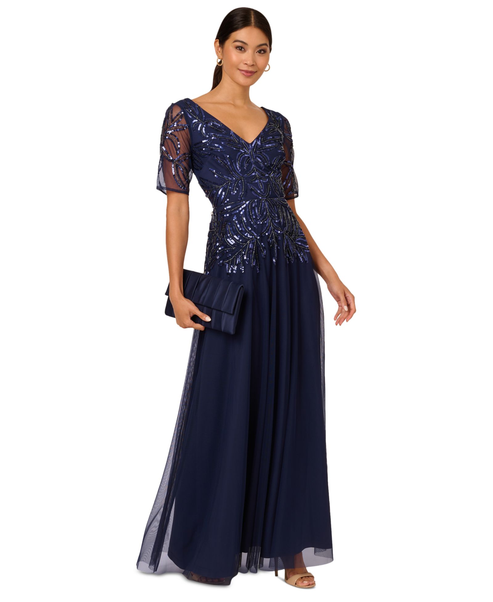 Adrianna Papell Женское вечернее платье Embellished Mesh V-Neck