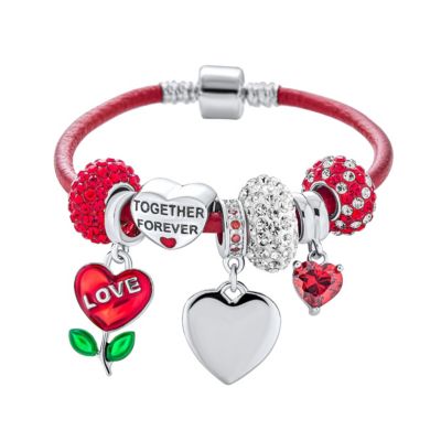 Bling Jewelry Браслет с подвеской Valentine из стерлингового серебра .925 с красной кожей