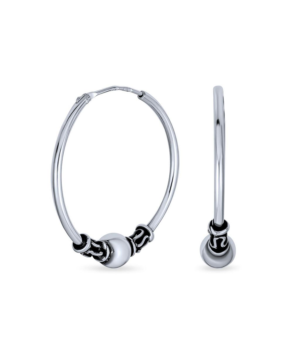 Серьги-кольца Bling Jewelry.925 Sterling Silver Balinese Bead Boho Bali Endless Hoop 1 Inch Diameter Oxidized