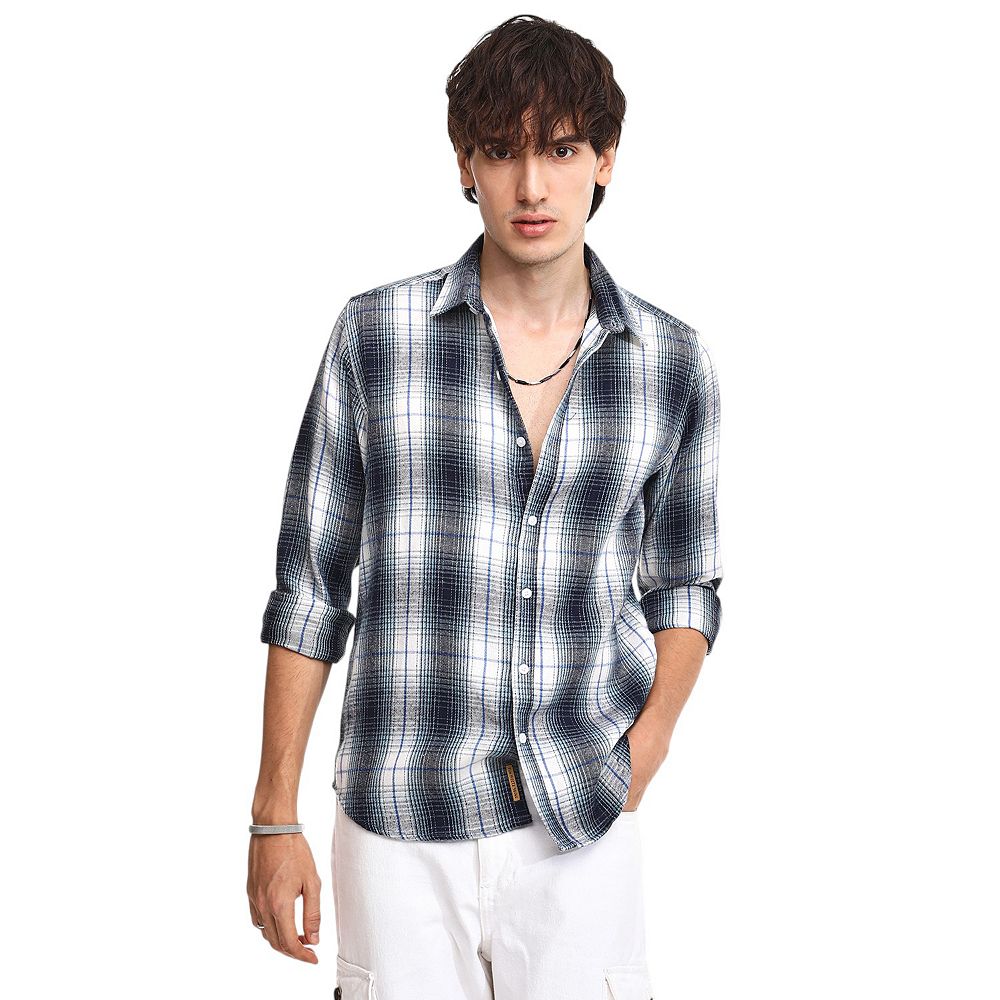 Мужская рубашка Campus Sutra Navy Blue & Ivory White Ombre Buffalo Check