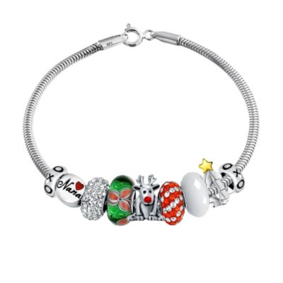 Bling Jewelry Christmas Holiday Rudolph Reindeer Nana Theme European Bead Charm Bangle Bracelet For Women Sterling Silver Barrel Clasp