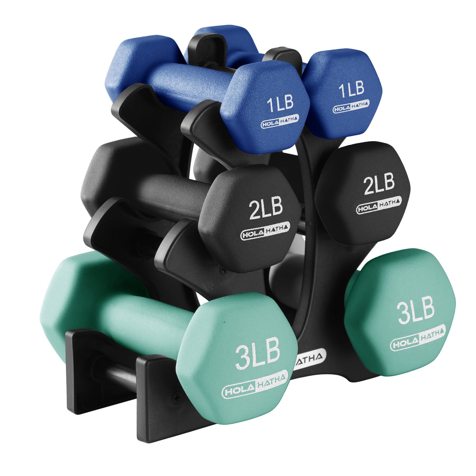 HolaHatha набор гантелей Neoprene 1, 2 и 3 lb с подставкой