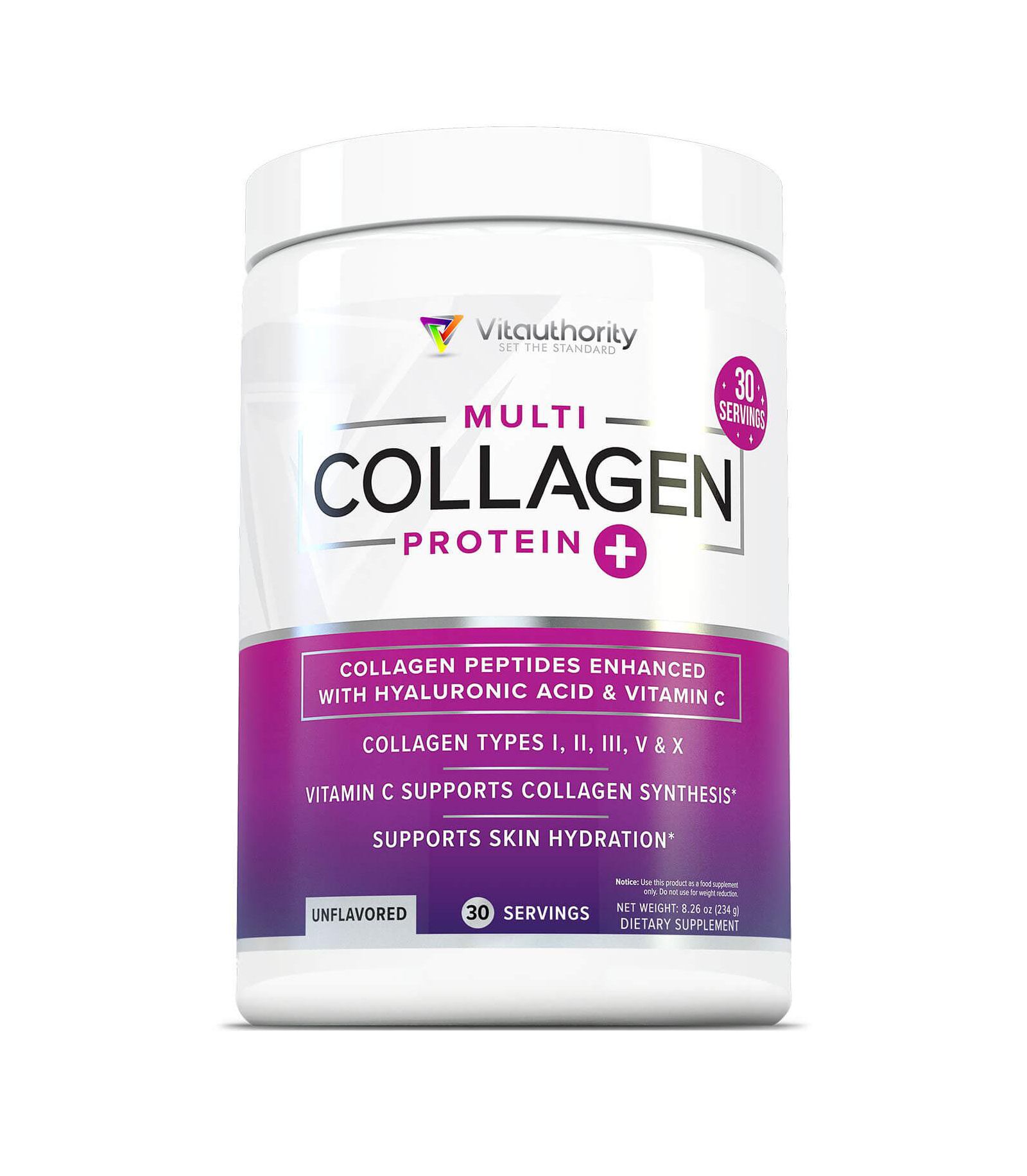 Multi Collagen Protein Plus, Unflavored, Vitauthority, 30 Servings