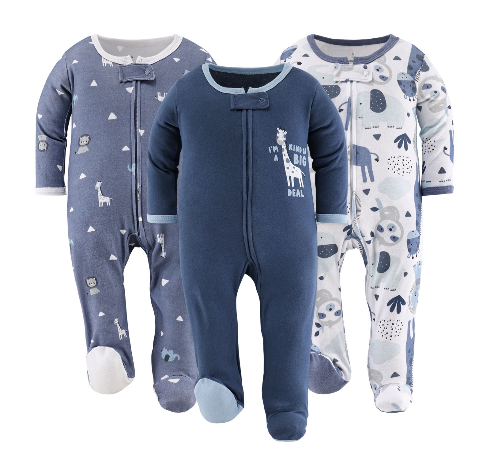 The Peanutshell Baby Boys Blue Safari Footed Sleepers for Boys, 3 Pack