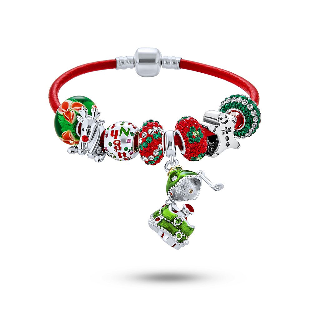 Bling Jewelry Christmas Charm Bracelet .925 Sterling Silver Santa Locket Holiday Reindeer Gingerbread Charm Red