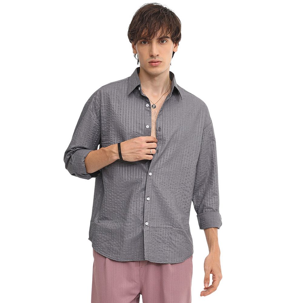 Campus Sutra Men's Moon Grey Seersucker Shirt