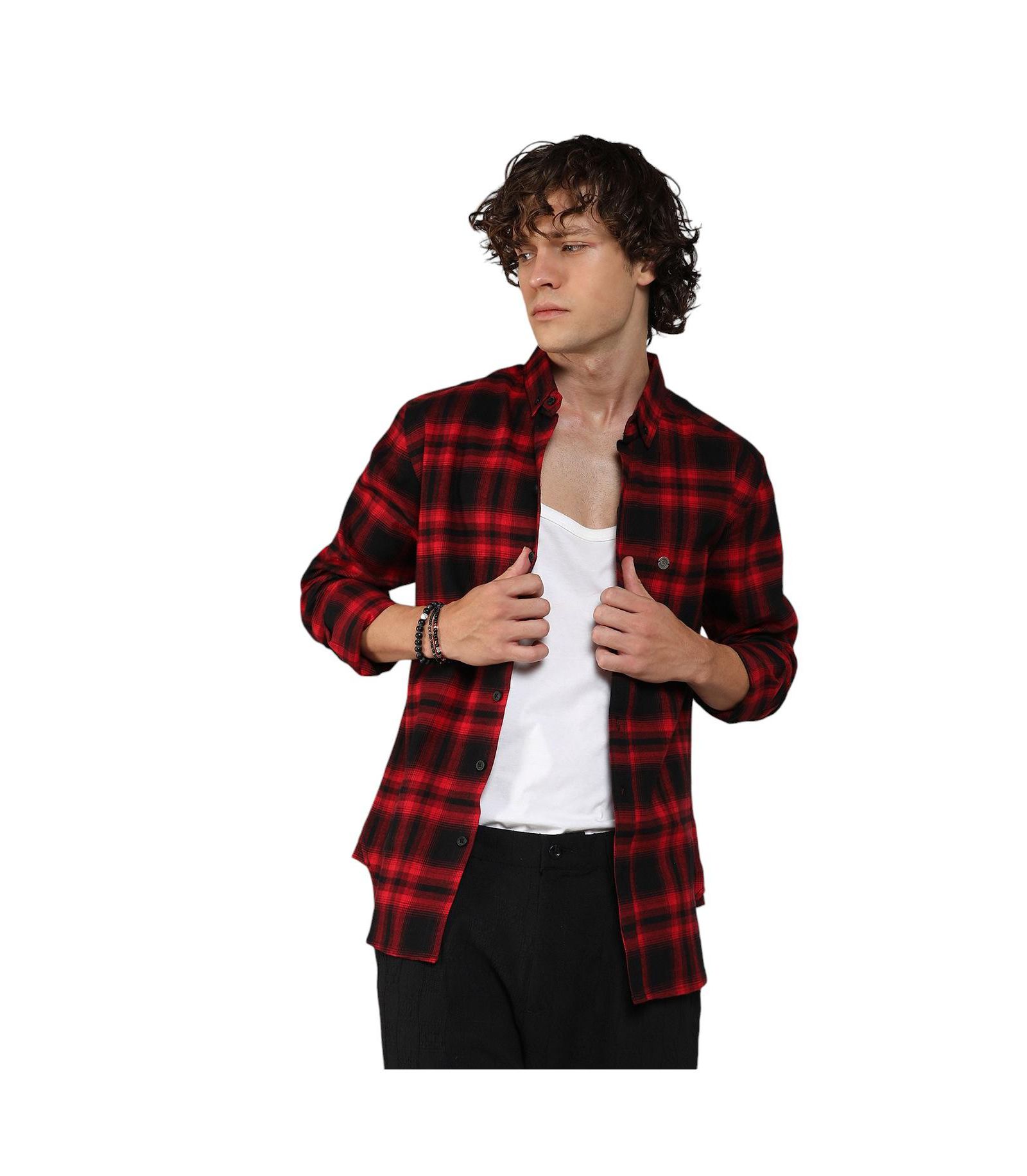 Men's Midnight Black & Scarlet Red Brushed Buffalo Check Shirt