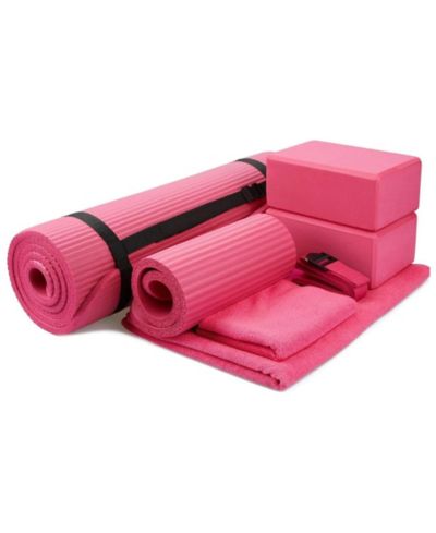 BalanceFrom Fitness 7 Piece Yoga Set with Mat, Stretch Strap and Knee Pad, Pink
