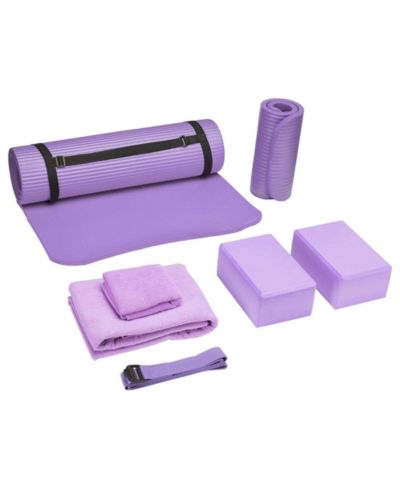 BalanceFrom Fitness 7 Piece Yoga Set with Mat, Stretch Strap and Knee Pad, Purple