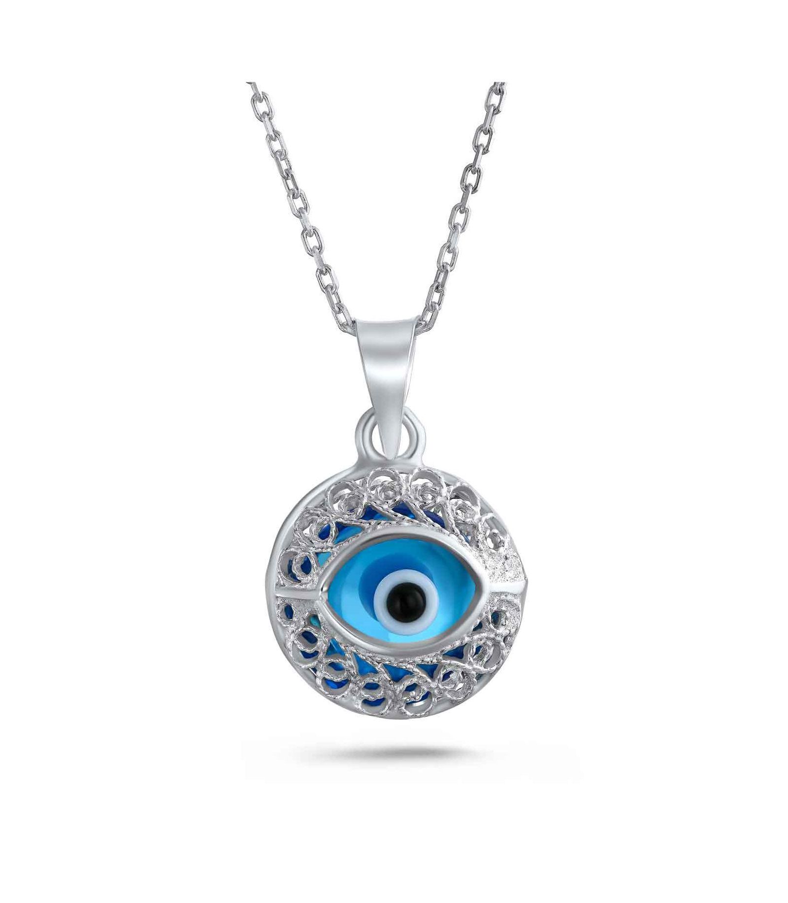 Bling Jewelry Turkish Light Blue Evil Eye Charm Round Pendant Necklace Sterling Silver