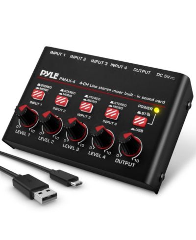 Компактный 4-канальный микшер Pyle Bluetooth с USB аудиоинтерфейсом