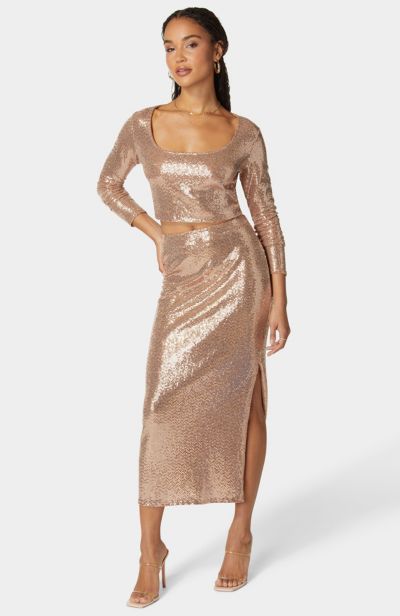 Bebe Women's 2 Piece Long Sleeve Disco Dot with Midi Skirt