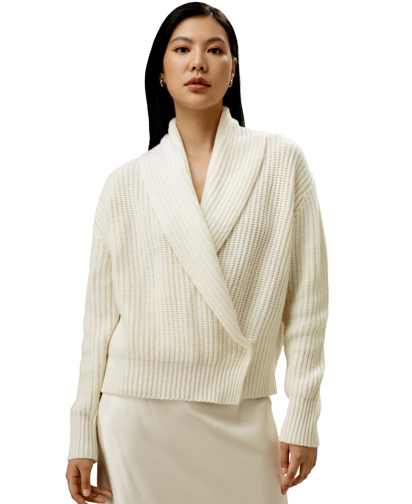 LILYSILK Women's Shawl Collar Drop Shoulder Knit Wool-Cashmere Blend Cardigan