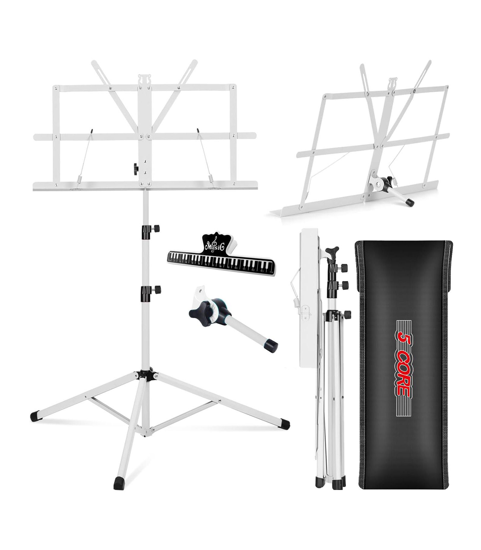5 Core Music Stand For Sheet Music Portable Tripod Adjustable Folding Note Holder - Blue Higher Version with Light