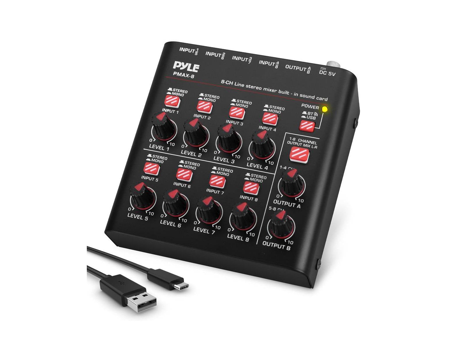 Pyle PMAX8 8-Channel Bluetooth 5.0 USB Audio Interface Line Mixer