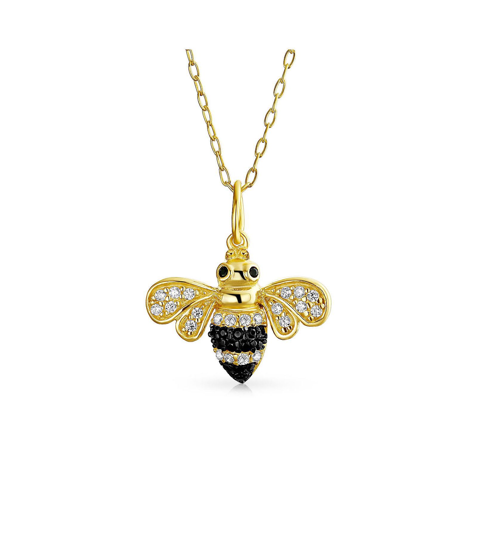 Bling Jewelry Элегантное ожерелье-подвеска Queen Bee - черная и золотая кубическая циркония, позолота 14K, стерлинговое серебро.925
