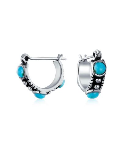 Bling Jewelry Southwestern Mini Hoop Earrings Blue Turquoise Stone Sterling Silver