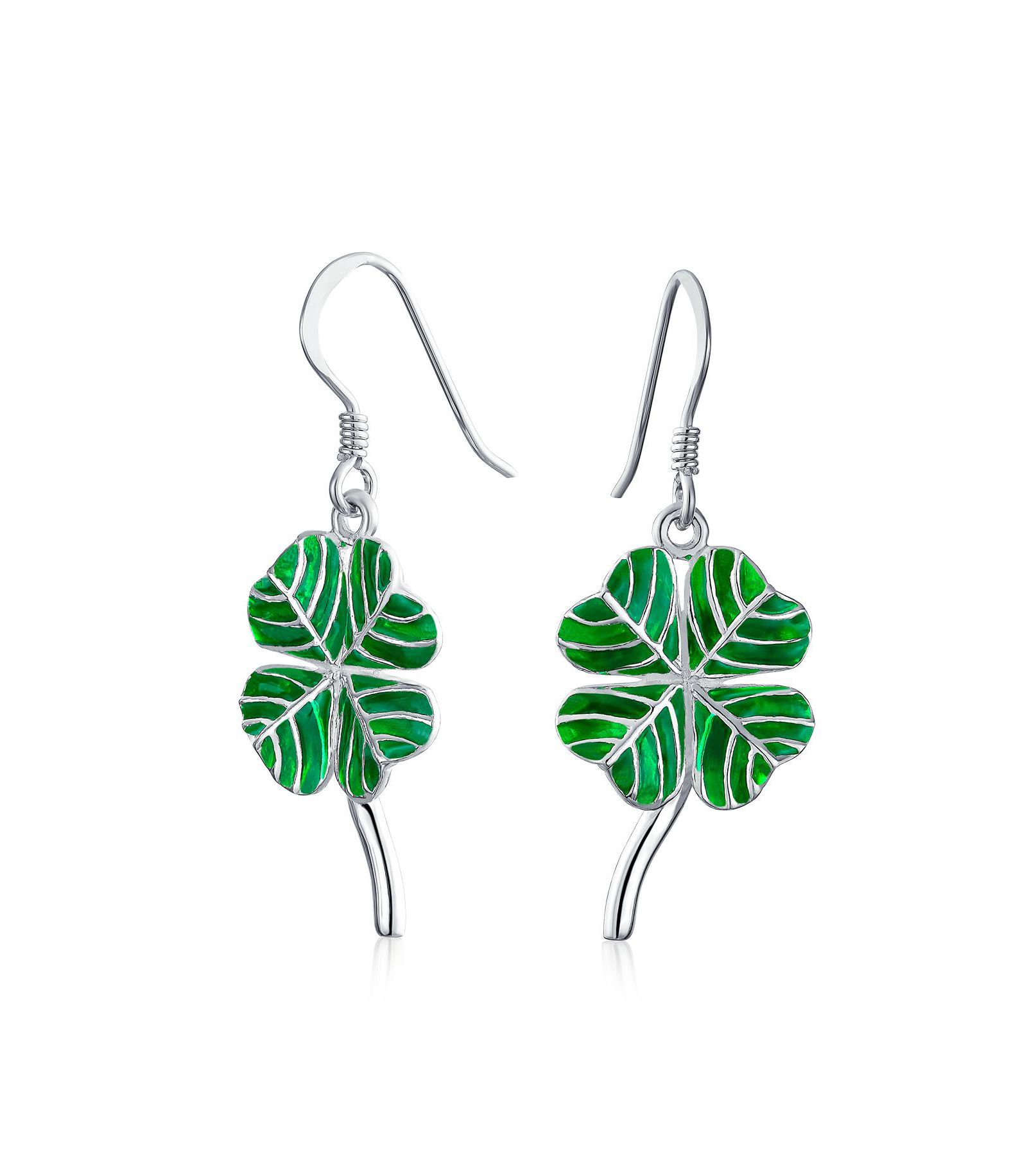 Bling Jewelry Good Luck Shamrock Four Leaf Green Clover Dangle Earrings Sterling Silver
