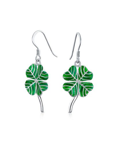Bling Jewelry Серьги-подвески с эмалью Green Enamel Shamrock Lucky Four Leaf Clover,.925 Sterling Silver