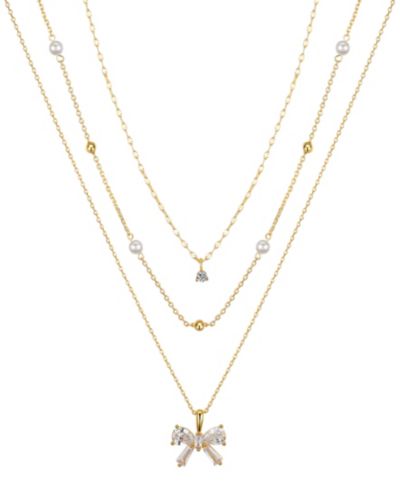 Unwritten Cubic Zirconia and Mother of Pearl Bow Layered Pendant Necklace Set