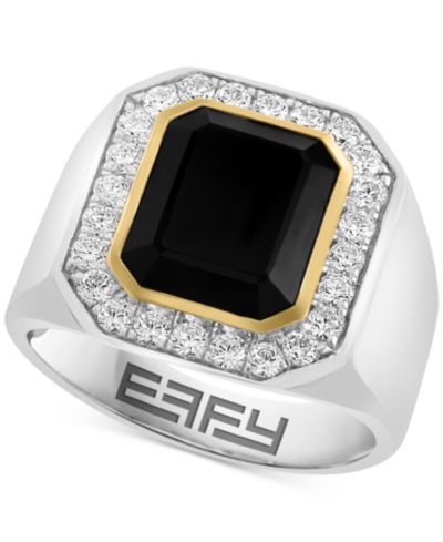 EFFY® Men's Onyx (6 ct. t.w.) & White Zircon (2 ct. t.w.) Ring in 14k Gold Over Sterling Silver & Sterling Silver