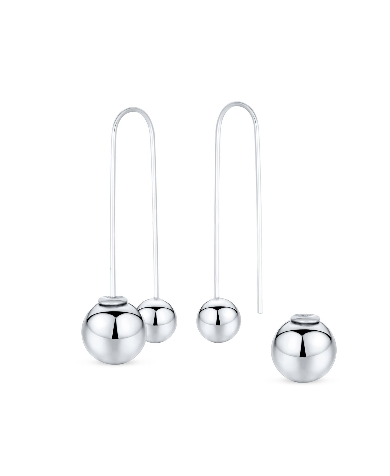 Bling Jewelry Geometric Long Wire Double Bead Ball Threader Earrings Sterling Silver