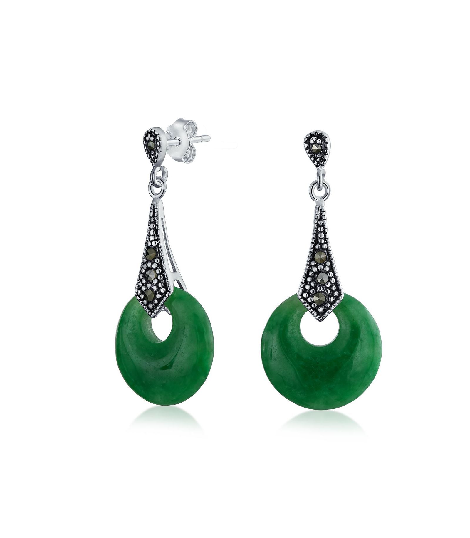 Серьги-подвески Bling Jewelry с зеленым нефритом и марказитом в азиатском стиле,.925 Sterling Silver