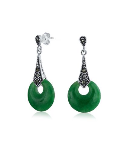 Серьги-подвески Bling Jewelry с зеленым нефритом и марказитом в азиатском стиле,.925 Sterling Silver