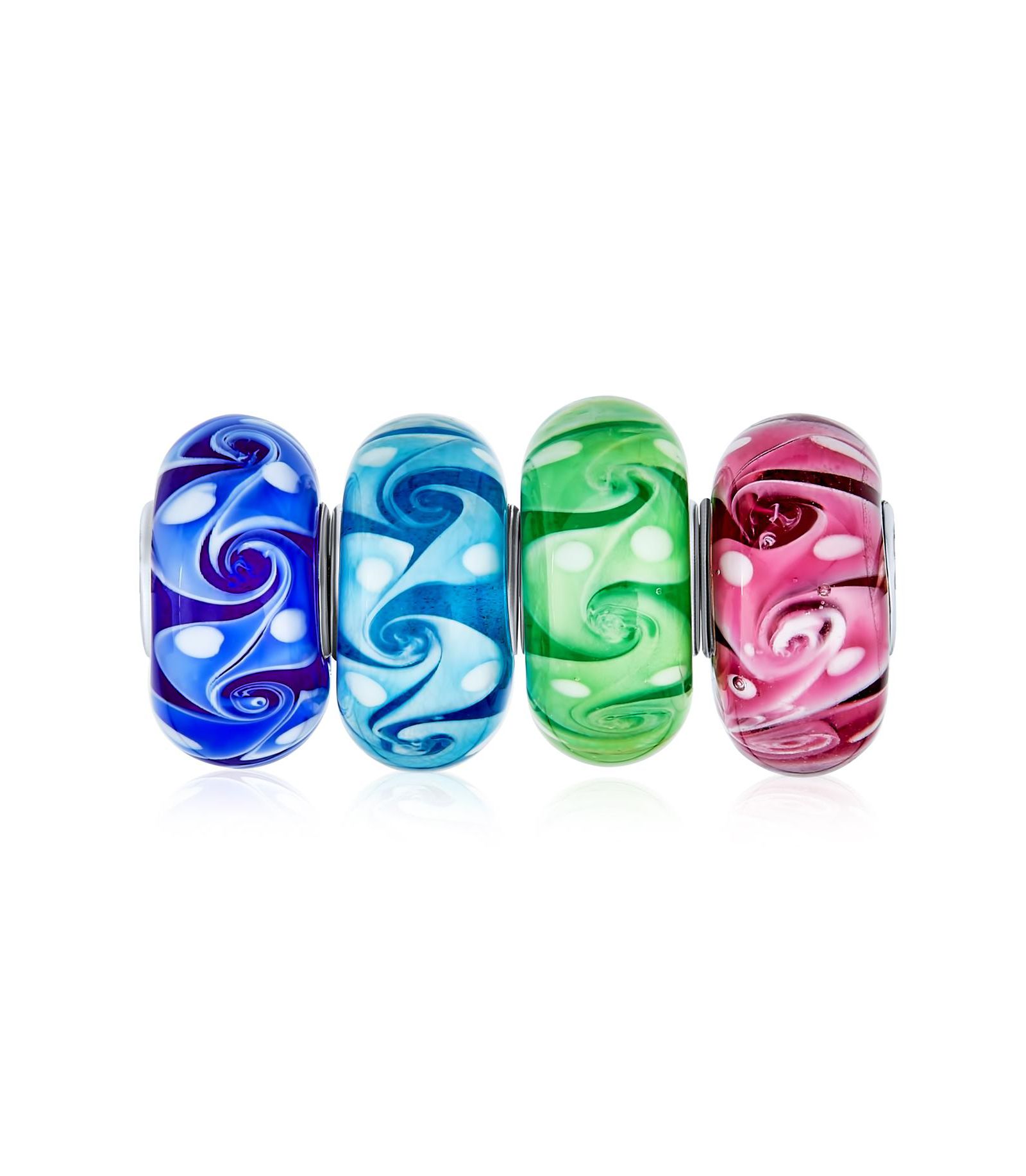 Браслет Bling Jewelry.925 Sterling Silver Glass Multi Color Mix Bead European Ocean Wave Swirl Charm (4-Pc Set)