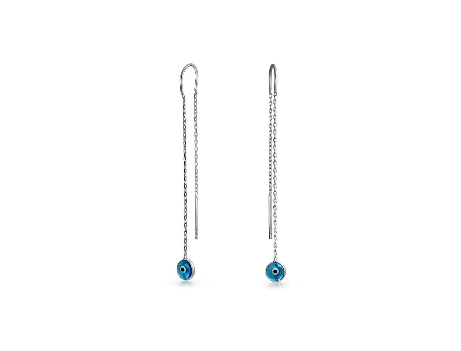 Bling Jewelry Minimalist Blue Evil Eye Threader Earrings Long Chain .925 Sterling Silver