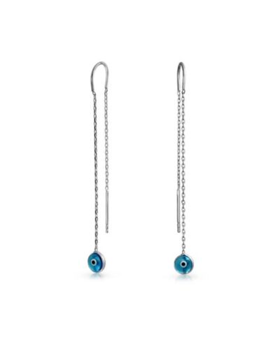 Bling Jewelry Minimalist Blue Evil Eye Threader Earrings Long Chain .925 Sterling Silver