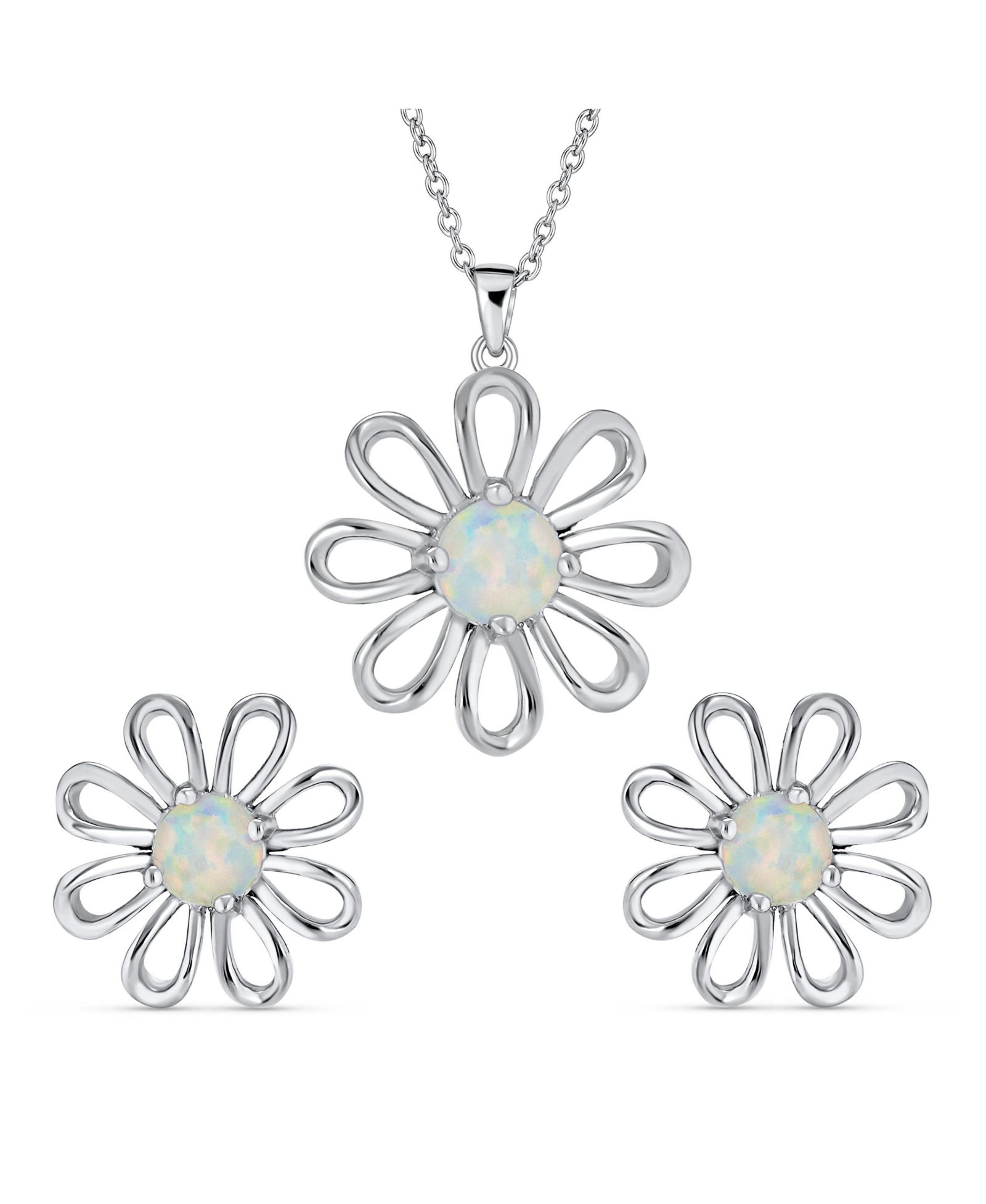 Набор из ожерелья и серег Bling Jewelry Daisy Flower White Created Opal Pendant, Sterling Silver