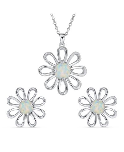 Bling Jewelry Daisy Flower Created Opal Pendant Necklace and Earrings Set Sterling Silver