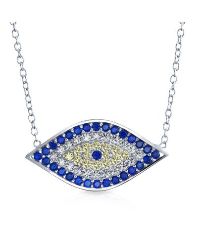 Подвеска-амулет Bling Jewelry Turkish Blue Yellow Pave CZ Spiritual Protection Evil Eye, серебро .925