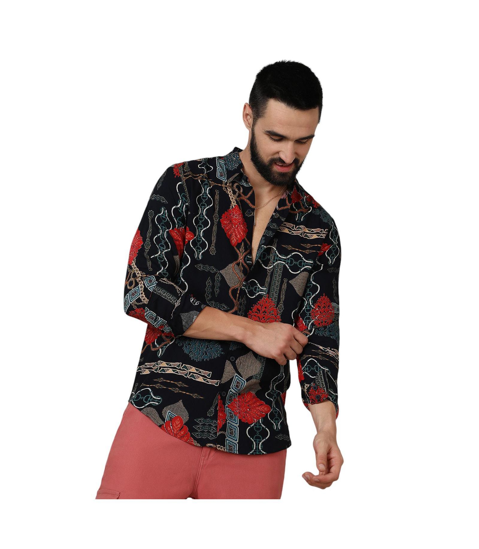 Campus Sutra Мужская рубашка с художественным принтом Crimson Red & Teal Green