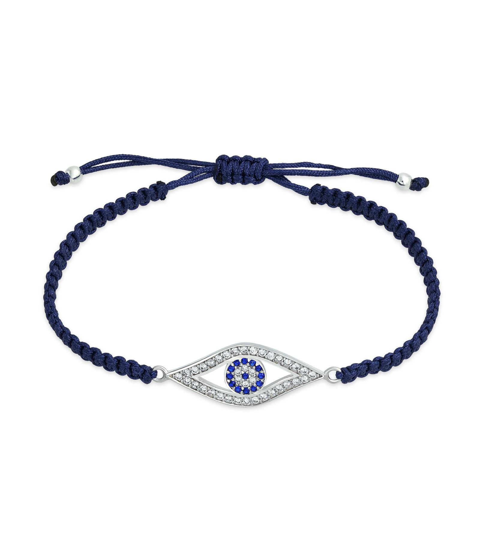 Bling Jewelry Turkish Blue Evil Eye Blue Braided Cord Bracelet CZ Cubic Zirconia Accent .925 Sterling Silver Adjustable