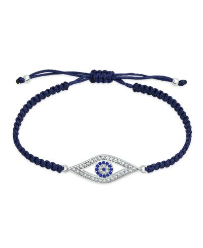 Bling Jewelry Turkish Blue Evil Eye Blue Braided Cord Bracelet CZ Cubic Zirconia Accent .925 Sterling Silver Adjustable
