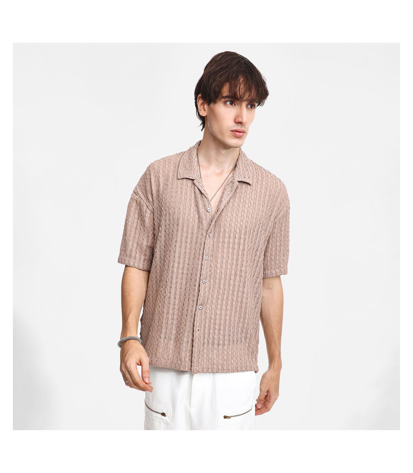 Men's Peanut Brown Striped Knit Oversized Shirt
