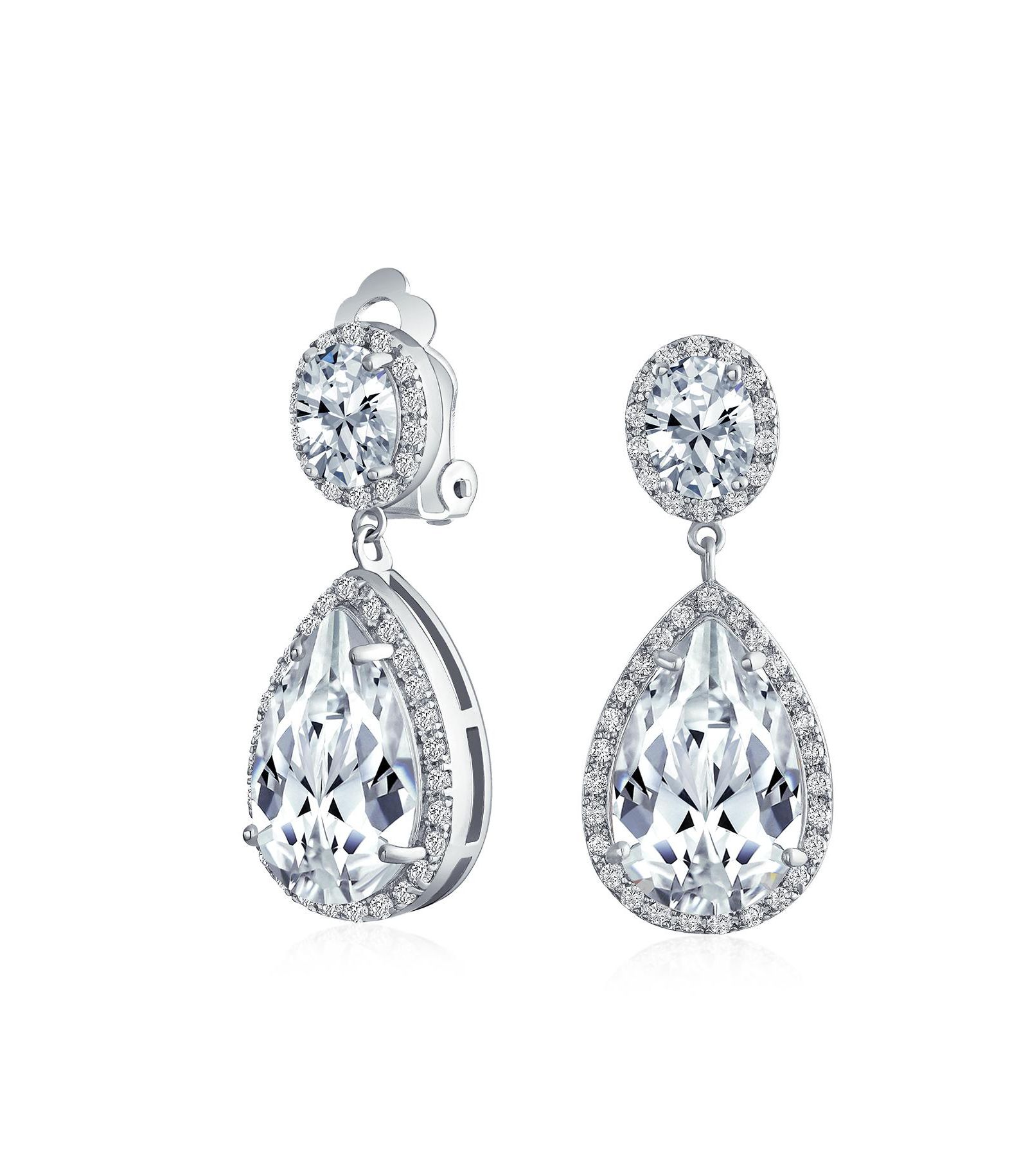 Bling Jewelry Cocktail Silver CZ Halo Teardrop Earrings Clip On Earrings