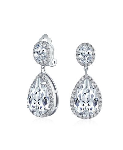 Bling Jewelry Cocktail Silver CZ Halo Teardrop Earrings Clip On Earrings