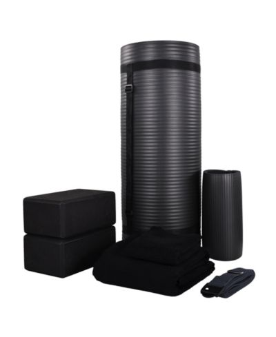 BalanceFrom Fitness 7 Piece Yoga Set with Mat, Stretch Strap, and Knee Pad, Black