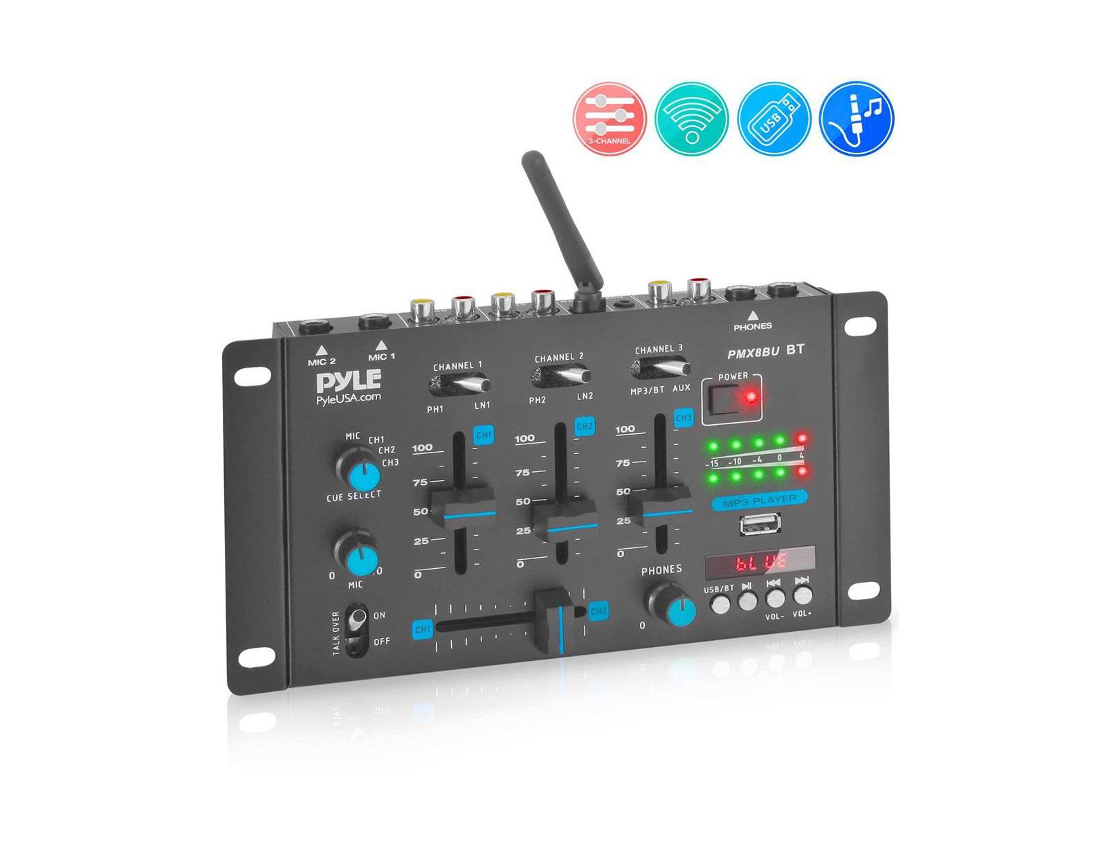 Pyle Wireless 3-Channel DJ Mixer with Bluetooth and USB, Phono, Microphone, and Line Inputs