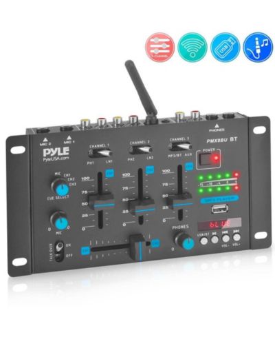 Pyle Wireless 3-Channel DJ Mixer with Bluetooth and USB, Phono, Microphone, and Line Inputs
