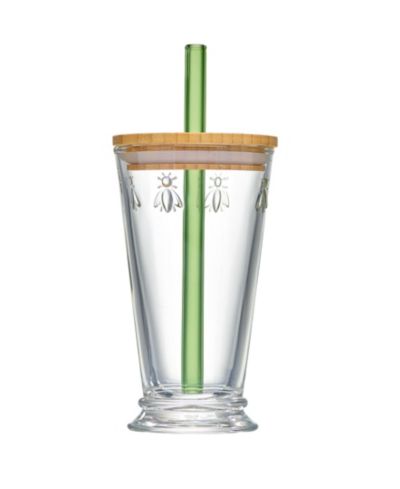 La Rochère Napoleon Bee Bubble Tea Glass with Wood Lid and Straw, 15 oz.
