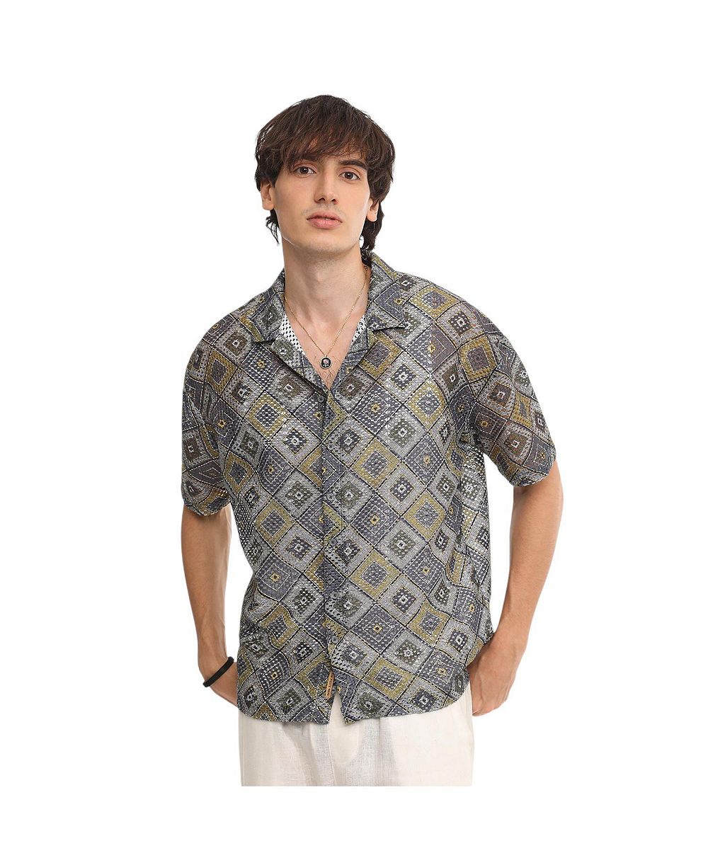 Мужская рубашка Campus Sutra Lapis Blue & Yellow Ochre Geometric Block Oversized