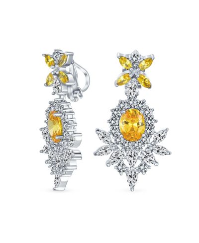 Bling Jewelry Cocktail Leaf Motif Yellow CZ Chandelier Clip-On Earrings Silver Plated
