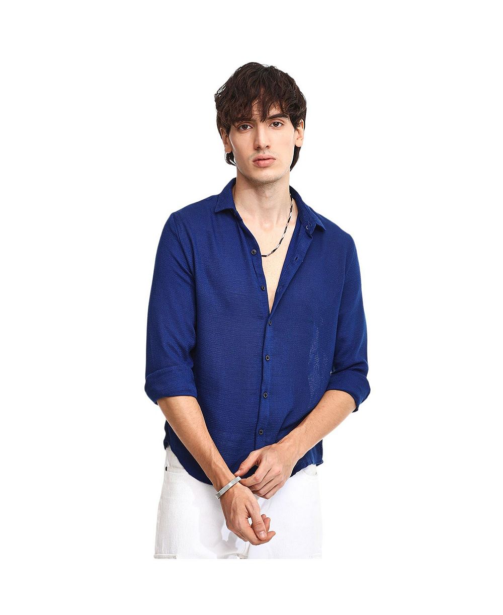 Мужская повседневная рубашка Indigo Blue Solid Woven