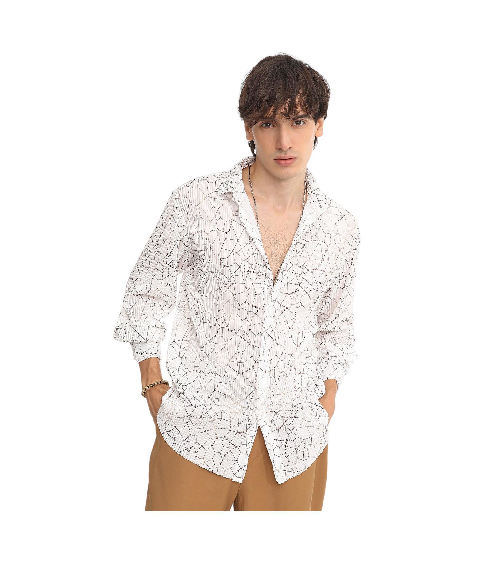 Campus Sutra Мужская рубашка Chalk White Veined-Pleated