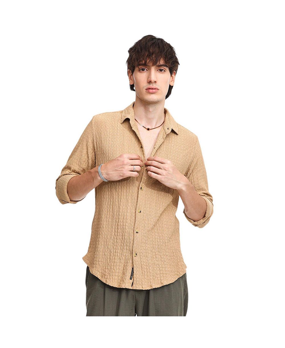 Men's Buff Beige Micro Hexagon-Lined Shirt